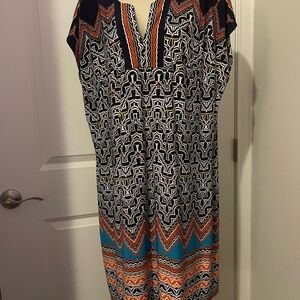 Laundry by Shelli Segal Navy White Taupe & Orange Boho Sheath Dress V-Neck Sz L
